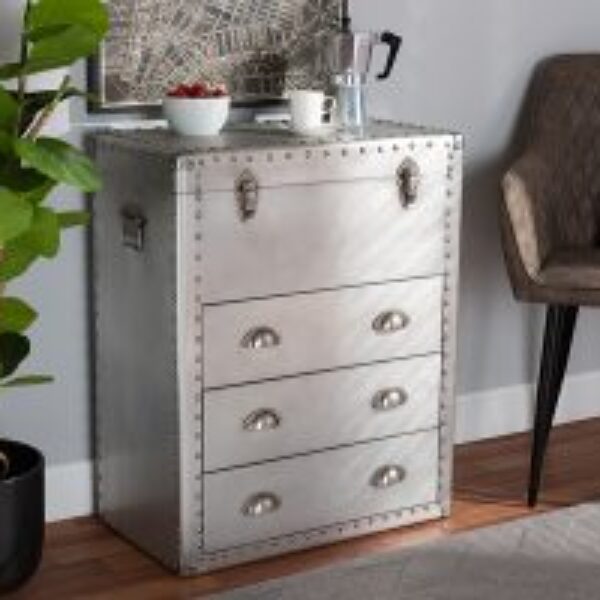 Serge French Industrial Silver Metal 3-Drawer Accent Storage Cabinet