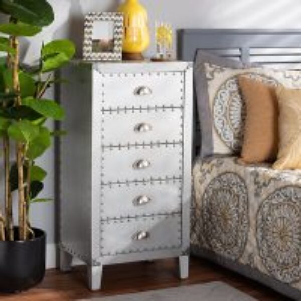Carel French Industrial Silver Metal 5-Drawer Accent Storage Cabinet