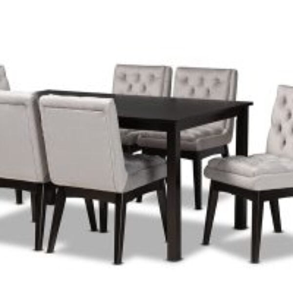 Makar Modern Transitional Light Grey Velvet Fabric Upholstered and Dark Brown Finished Wood 7-Piece Dining Set