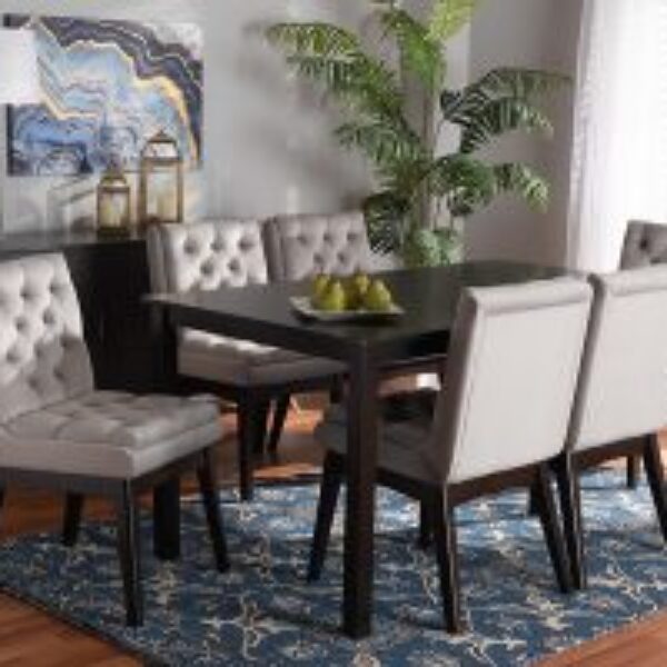 Makar Modern Transitional Light Grey Velvet Fabric Upholstered and Dark Brown Finished Wood 7-Piece Dining Set