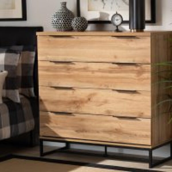 Reid Modern and Contemporary Industrial Oak Finished Wood and Black Metal 4-Drawer Dresser