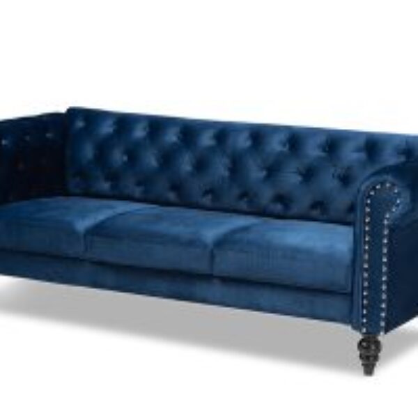 Emma Traditional and Transitional Navy Blue Velvet Fabric Upholstered and Button Tufted Chesterfield Sofa