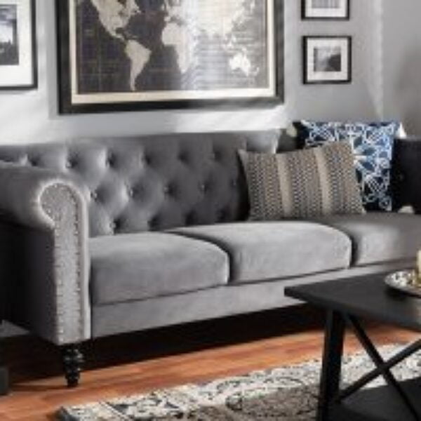 Emma Traditional and Transitional Grey Velvet Fabric Upholstered and Button Tufted Chesterfield Sofa