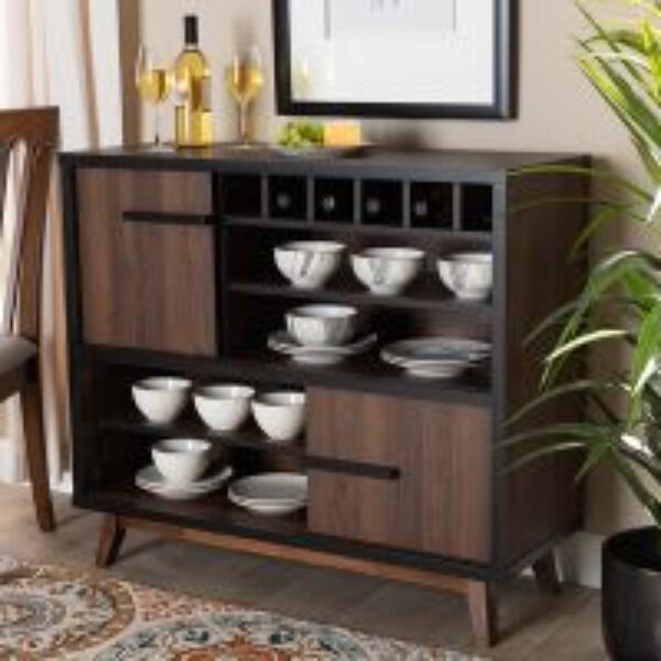 Margo Mid-Century Modern Two-Tone Walnut Brown and Black Finished Wood Wine Storage Cabinet