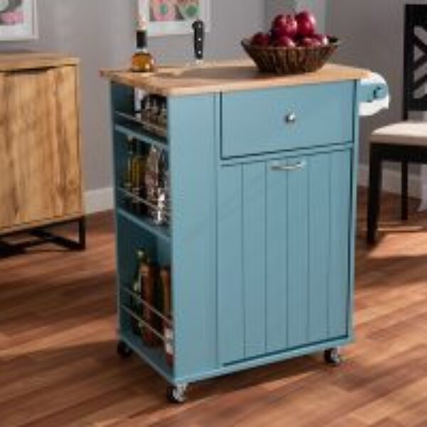 Liona Modern and Contemporary Sky Blue Finished Wood Kitchen Storage Cart