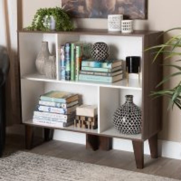 Senja Modern and Contemporary Two-Tone White and Walnut Brown Finished Wood 4-Shelf Bookcase
