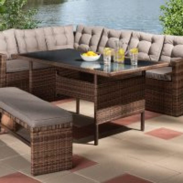 Angela Modern and Contemporary Grey Fabric Upholstered and Brown Finished 4-Piece Woven Rattan Outdoor Patio Set