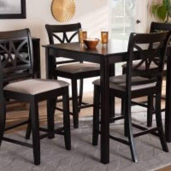 Chandler Modern and Contemporary Sand Fabric Upholstered and Espresso Brown Finished Wood 5-Piece Counter Height Pub Dining Set