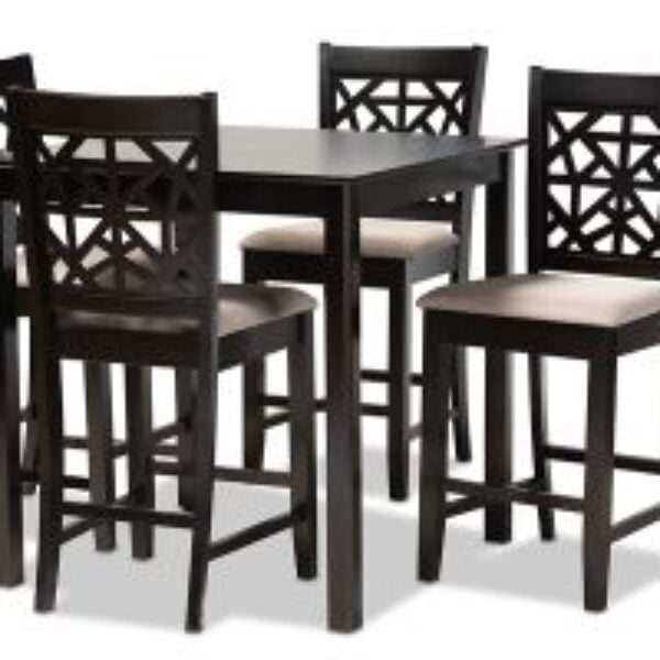 Devon Modern and Contemporary Sand Fabric Upholstered and Espresso Brown Finished Wood 5-Piece Pub Dining Set