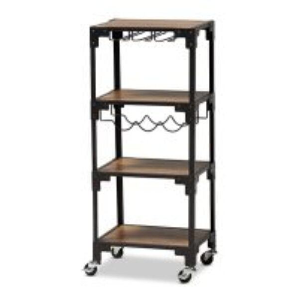 Victor Industrial Rustic Walnut Finished Wood and Black Metal 4-Tier Mobile Wine Cart