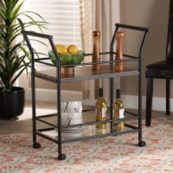 Valora Industrial Rustic Walnut Finished Wood and Black Metal 2-Tier Mobile Wine Cart