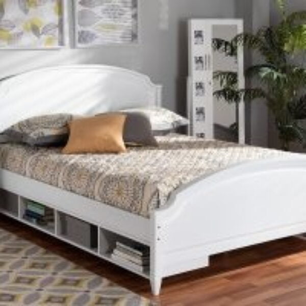 Elise Classic and Traditional Transitional White Finished Wood Queen Size Storage Platform Bed