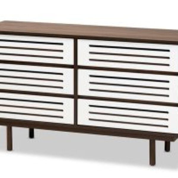 Meike Mid-Century Modern Two-Tone Walnut Brown and White Finished Wood 6-Drawer Dresser
