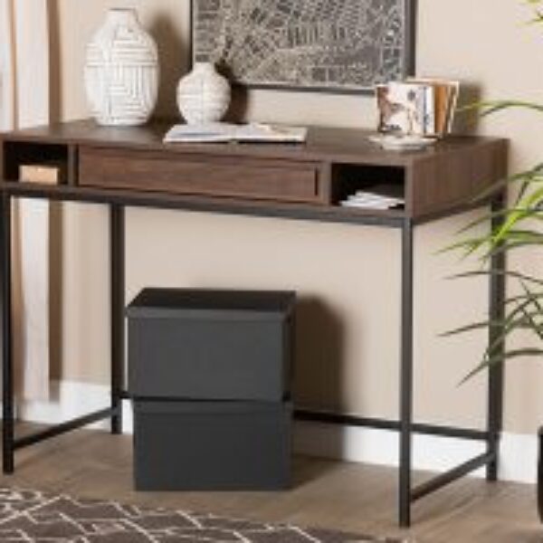 Cargan Modern and Contemporary Walnut Brown Finished Wood and Black Metal 1-Drawer Desk