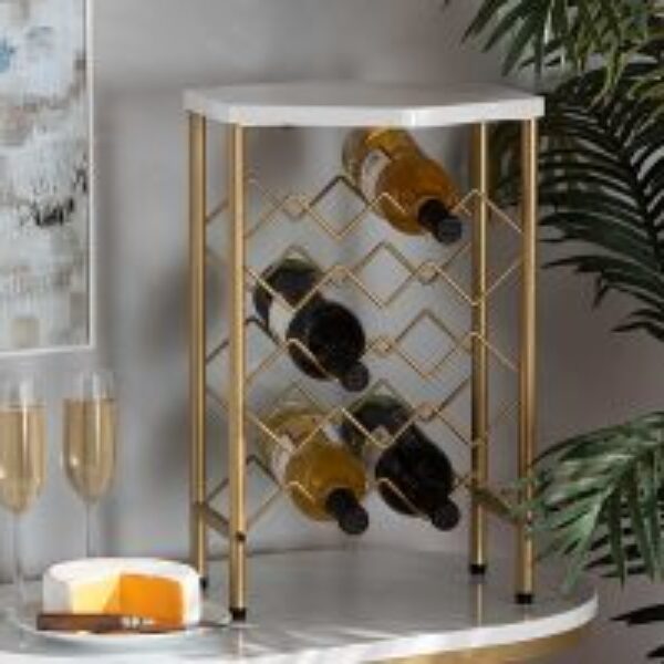 Phoebe Modern and Contemporary Gold Finished Metal Wine Rack With Faux Marble Tabletop
