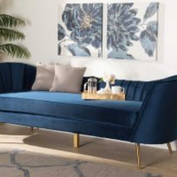 Kailyn Glam and Luxe Navy Blue Velvet Fabric Upholstered and Gold Finished Sofa