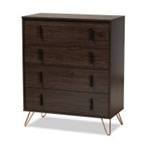 Baldor Modern and Contemporary Dark Brown Finished Wood and Rose Gold Finished Metal 4-Drawer Bedroom Chest