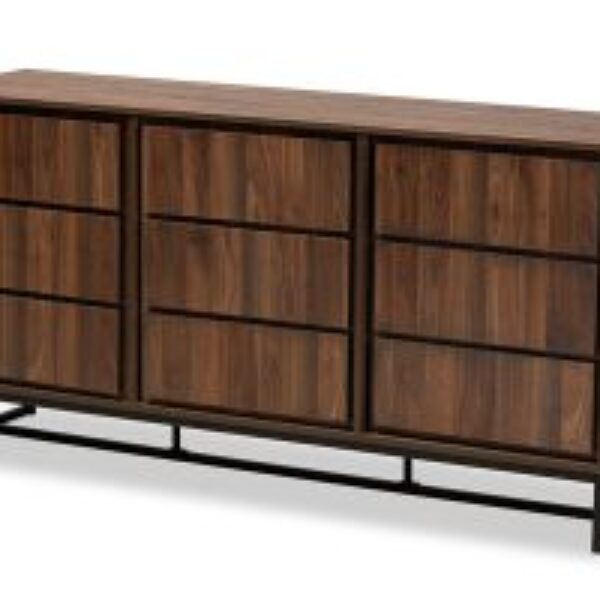 Neil Modern and Contemporary Walnut Brown Finished Wood and Black Finished Metal 3-Door Dining Room Sideboard Buffet