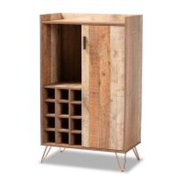 Mathis Modern and Contemporary Rustic Brown Finished Wood and Rose Gold Finished Metal Wine Storage Cabinet