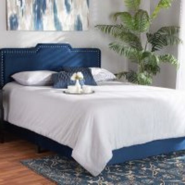 Benjen Modern and Contemporary Glam Navy Blue Velvet Fabric Upholstered Queen Size Panel Bed