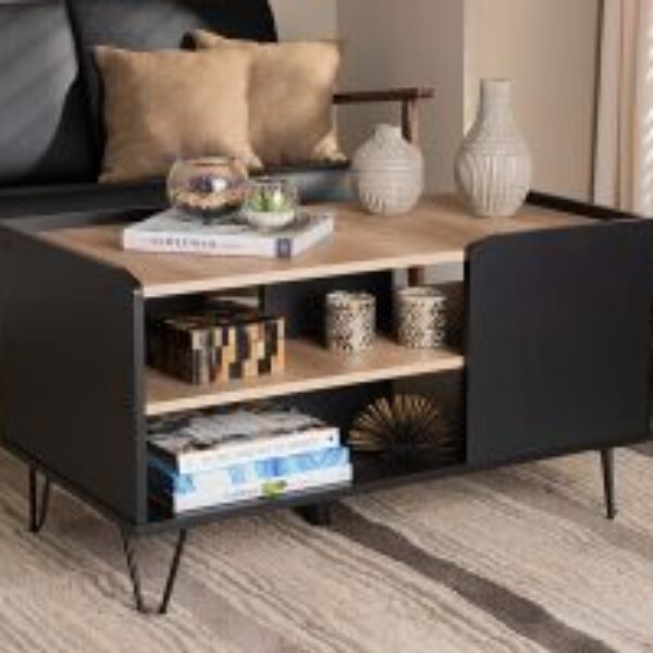 Lilith Modern and Contemporary Two-Tone Black and Oak Brown Finished Wood and Metal 3-Tier Coffee Table