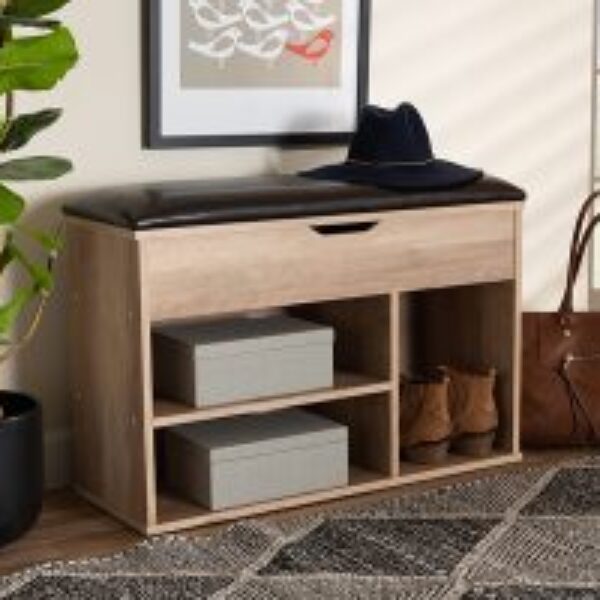 Ramsay Modern and Contemporary Dark Brown Faux Leather Upholstered and Oak Brown Finished Wood Shoe Storage Bench