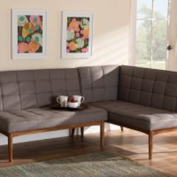 Sanford Mid-Century Modern Grey Fabric Upholstered and Walnut Brown Finished Wood 2-Piece Dining Nook Banquette Set