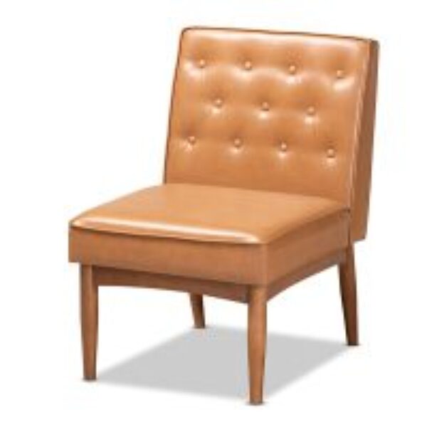 Riordan Mid-Century Modern Tan Faux Leather Upholstered and Walnut Brown Finished Wood Dining Chair