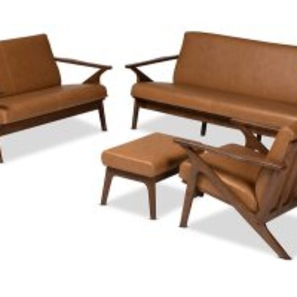 Bianca Mid-Century Modern Walnut Brown Finished Wood and Tan Faux Leather Effect 4-Piece Living Room Set