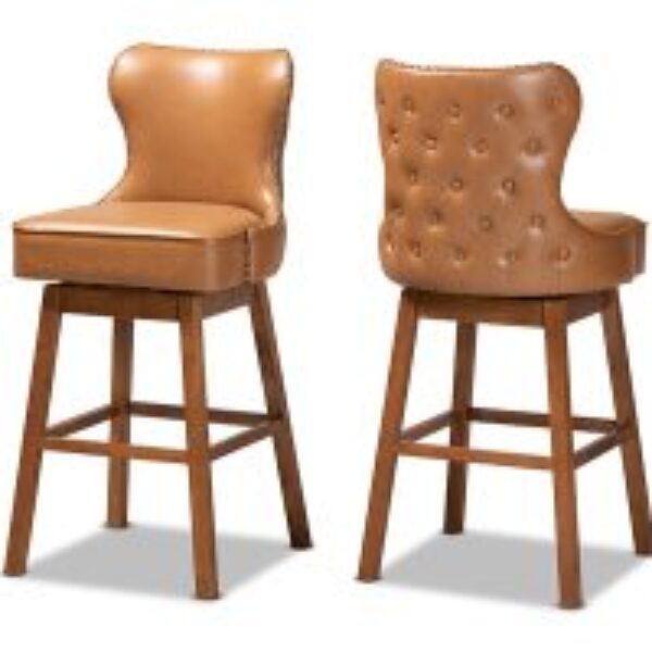 Gradisca Modern and Contemporary Tan Faux Leather Upholstered and Walnut Brown Finished Wood 2-Piece Swivel Bar Stool Set