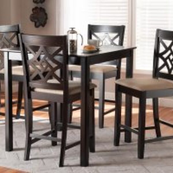 Nicolette Modern and Contemporary Sand Fabric Upholstered and Dark Brown Finished Wood 5-Piece Pub Set