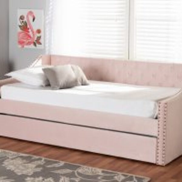 Raphael Modern and Contemporary Pink Velvet Fabric Upholstered Twin Size Daybed with Trundle