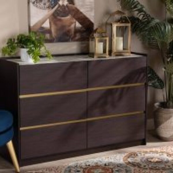 Walker Modern and Contemporary Dark Brown and Gold Finished Wood 6-Drawer Dresser with Faux Marble Top
