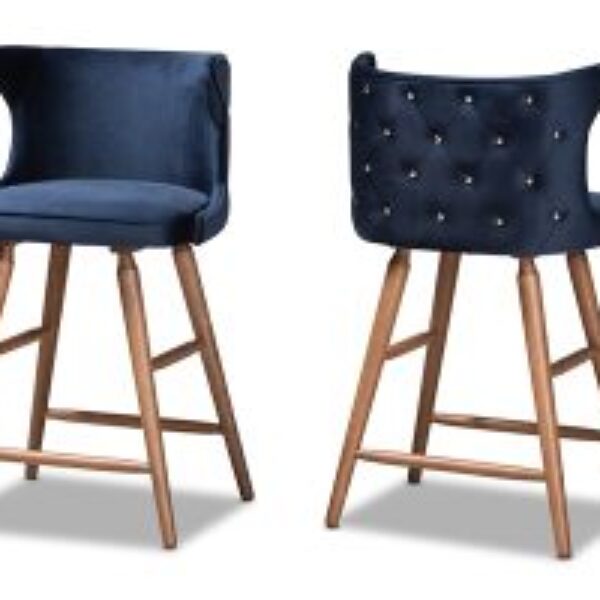 Sagira Modern and Contemporary Transitional Navy Blue Velvet Fabric Upholstered and Walnut Brown Finished Wood 2-Piece Counter Stool Set