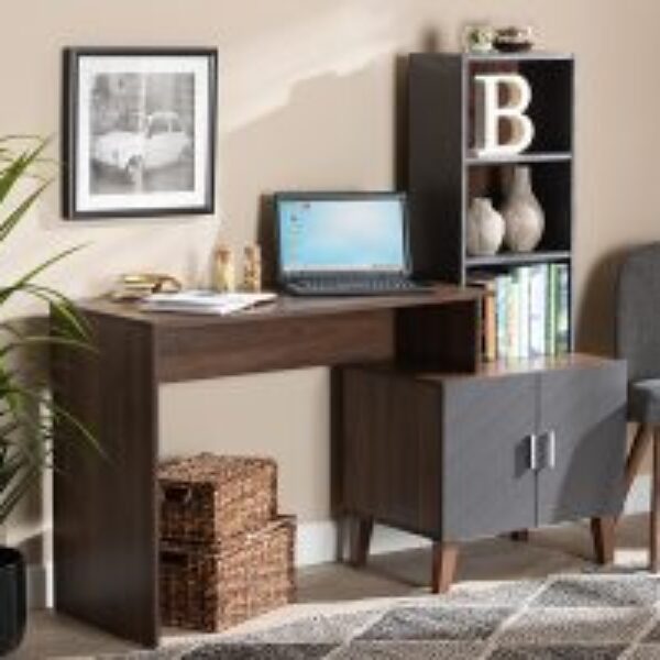 Jaeger Modern and Contemporary Two-Tone Walnut Brown and Dark Grey Finished Wood Storage Desk with Shelves