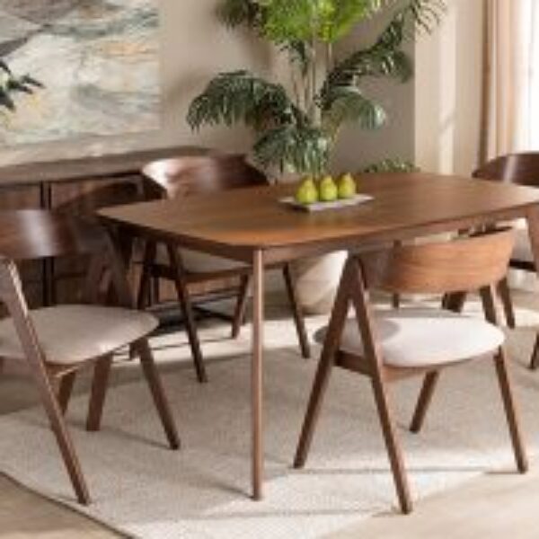 Danton Mid-Century Modern Beige Fabric Upholstered and Walnut Brown Finished Wood 5-Piece Dining Set