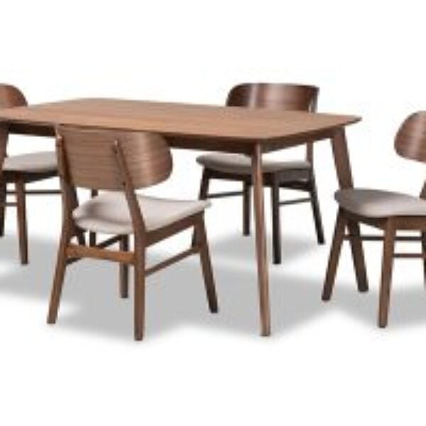 Alston Mid-Century Modern Beige Fabric Upholstered and Walnut Brown Finished Wood 5-Piece Dining Set