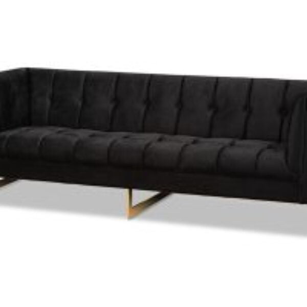 Ambra Glam and Luxe Black Velvet Upholstered and Button Tufted Sofa with Gold-Tone Frame