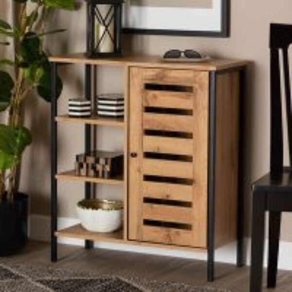 Vander Modern and Contemporary Oak Brown Finished Wood and Black Finished Metal 1-Door Shoe Storage Cabinet