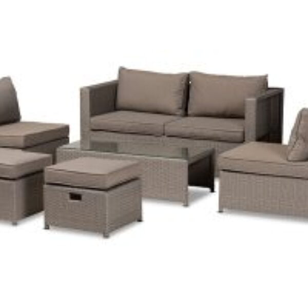 Haina Modern and Contemporary Grey Fabric Upholstered and Grey Finished Synthetic Rattan 6-Piece Patio Set