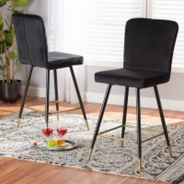 Preston Modern Luxe and Glam Black Velvet Fabric Upholstered and Two-Tone Black and Gold Finished Metal 2-Piece Bar Stool Set