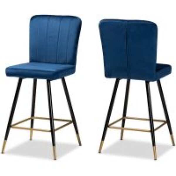 Preston Modern Luxe and Glam Navy Blue Velvet Fabric Upholstered and Two-Tone Black and Gold Finished Metal 2-Piece Bar Stool Set