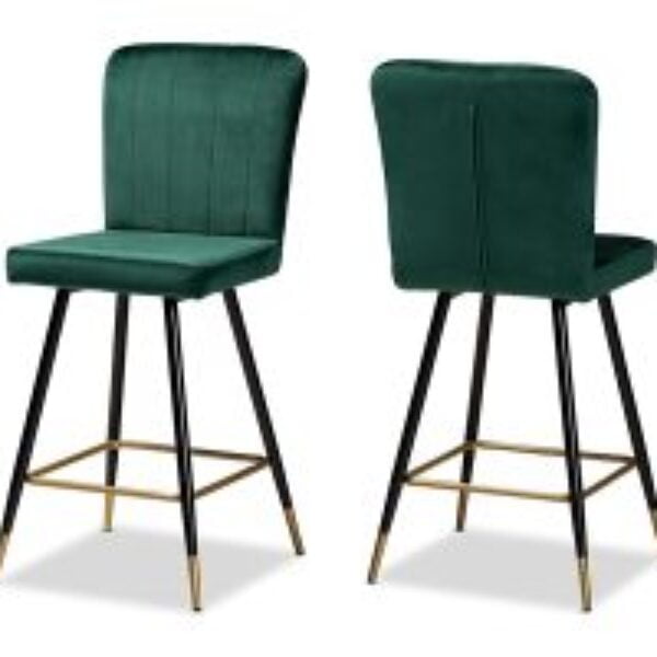 Preston Modern Luxe and Glam Green Velvet Fabric Upholstered and Two-Tone Black and Gold Finished Metal 2-Piece Bar Stool Set