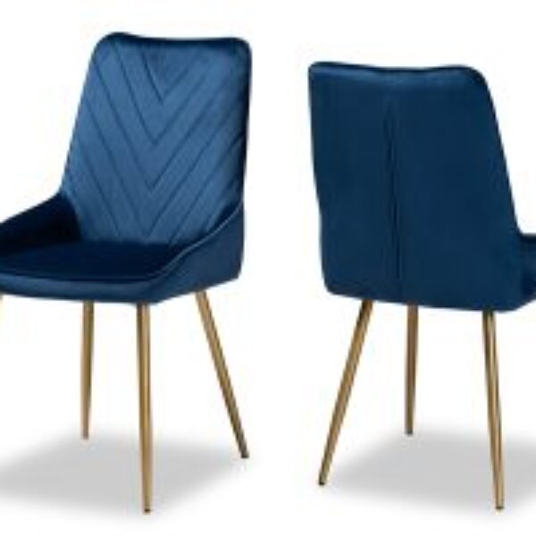 Priscilla Contemporary Glam and Luxe Navy Blue Velvet Fabric Upholstered and Gold Finished Metal 2-Piece Dining Chair Set