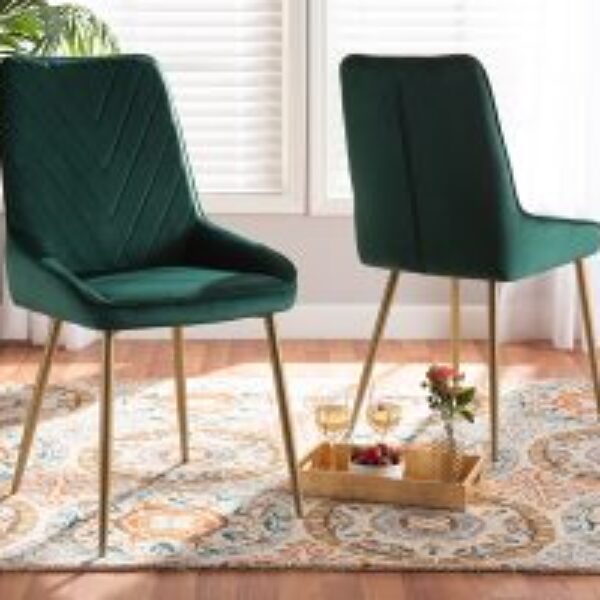 Priscilla Contemporary Glam and Luxe Green Velvet Fabric Upholstered and Gold Finished Metal 2-Piece Dining Chair Set