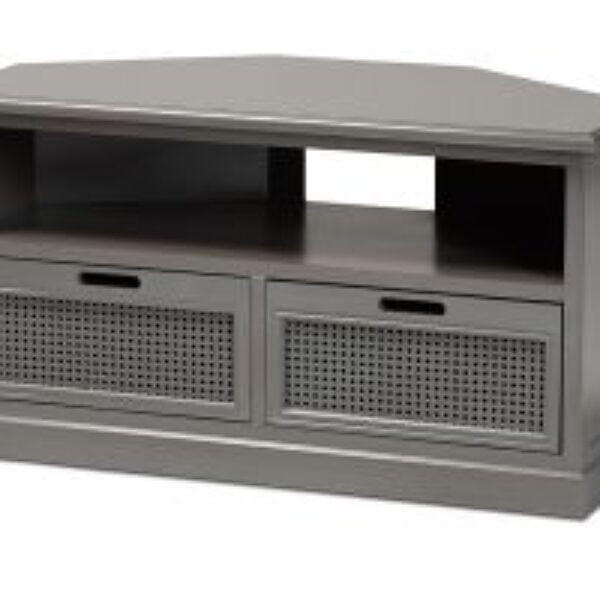 Sheldon Modern and Contemporary Vintage Grey Finished Wood and Synthetic Rattan 2-Drawer Corner TV Stand