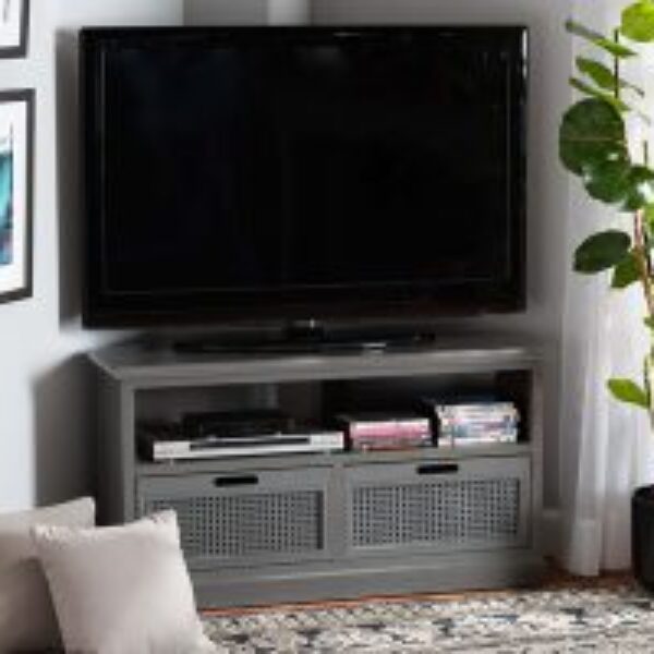Sheldon Modern and Contemporary Vintage Grey Finished Wood and Synthetic Rattan 2-Drawer Corner TV Stand