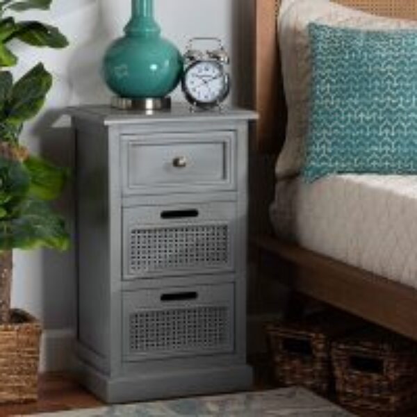 Sheldon Modern and Contemporary Vintage Grey Finished Wood and Synthetic Rattan 3-Drawer End Table