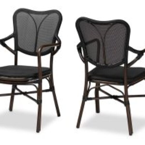 Erling Mid-Century Modern Black and Dark Brown Finished Metal 2-Piece Outdoor Dining Chair Set