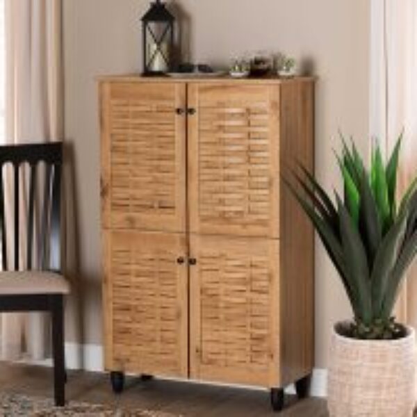 Winda Modern and Contemporary Oak Brown Finished Wood 4-Door Shoe Storage Cabinet